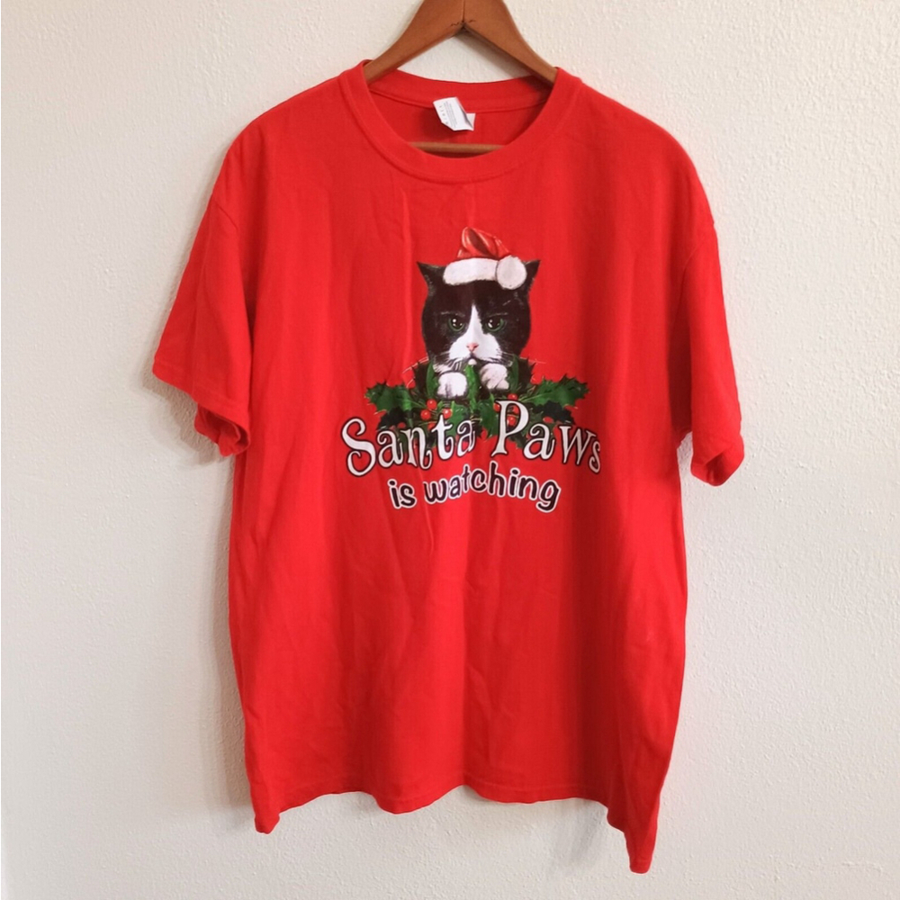 Vintage Gildan Red Cotton Christmas T Shirt Cat Santa Laws Is Watching Size L